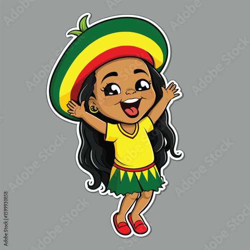 Joyful Cartoon Girl Illustration - Energetic Celebration of Youth, Positive Vibes, and Cultural Fashion for Children's Books, Education Materials, and Reggae Music Posters