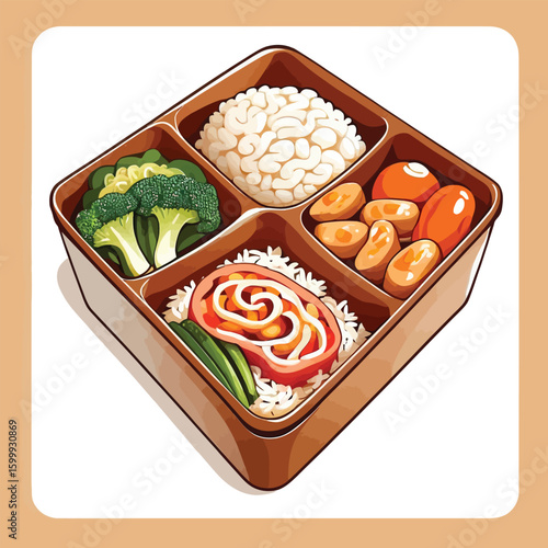 Homemade Bento Box Meal Prep - Balanced Diet, Healthy Eating for School Lunches, Takeout Containers, Lunchbox Illustration