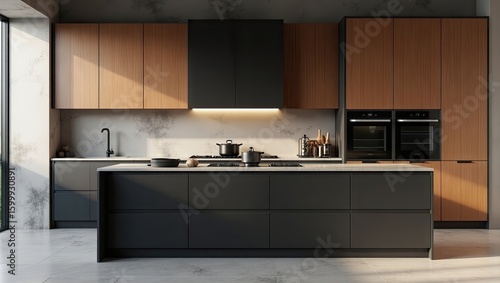 Modern kitchen with dark cabinetry, wood accents, marble backsplash, large island, integrated appliances, and a window with natural light streaming in