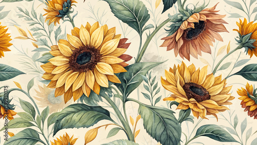 Seamless sunflower pattern, watercolor style, bold and bright, high resolution, suitable for textile design.
