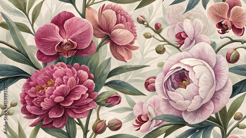 Peony and orchid flower pattern, repeating, digital painting style, rich colors, vivid, high detail, ideal for fabric and wallpaper design.