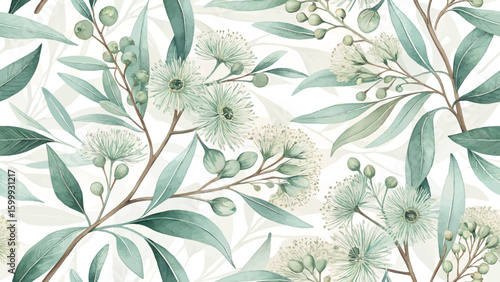 Seamless pattern of eucalyptus flowers and leaves. Simple style. Light green tone. High resolution. For printing on fabric or wallpaper.