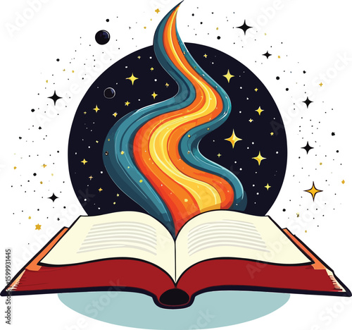 Colorful Knowledge Flowing from an Open Book Illustration - Conceptual Art for Education, Creativity and Inspiration, with Cosmic Elements and Vibrant Style.