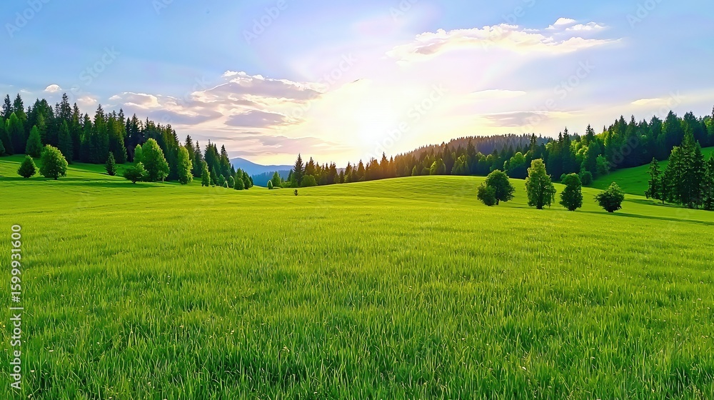 Obraz premium Serene Sunset Over Lush Green Meadow and Rolling Hills