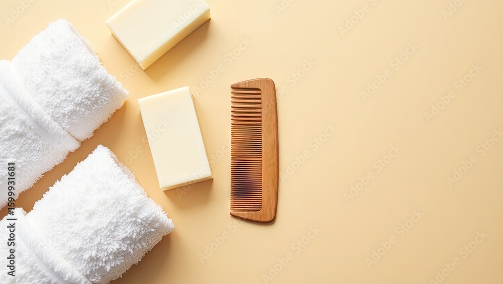 Obraz premium Flatlay of two rolled white towels, two bars of pale soap, and a light brown wooden comb on a pale yellow background. A minimalist, clean aesthetic