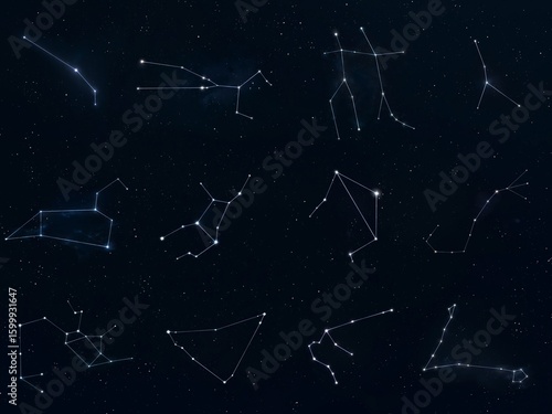 Zodiac constellations on a black background. Astrological image of horoscope symbols. Star clusters in the night sky.