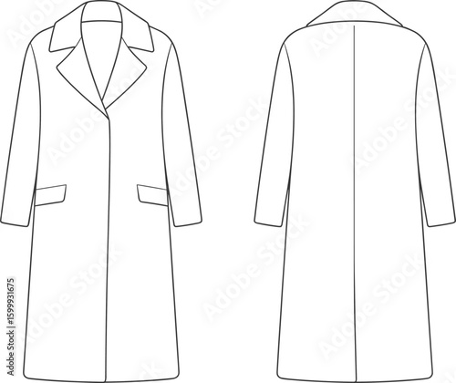 Cad drawing flat vector illustration, long overcoat fashion sketch, technical coat template, front and back view, winter outerwear design