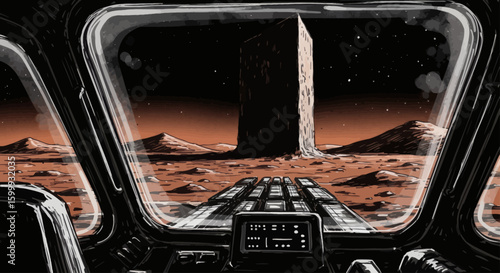 A futuristic rocket window view of a desolate Martian landscape with a mysterious towering artifact under a starry sky.