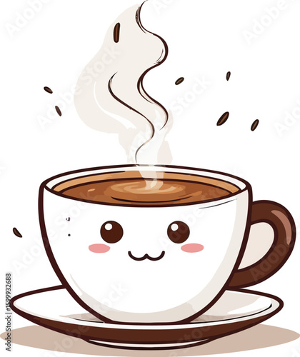 Kawaii Coffee Cup Illustration: A charming cartoon-style image of a steaming coffee cup with a cute, happy face, designed for a lighthearted and comforting visual experience.