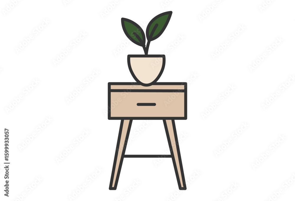Fototapeta premium Flat Illustration of Potted Plant and Wooden Side Table