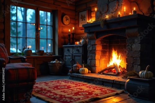 Cozy night scene featuring a warm, inviting wood-burning stove, glowing embers, and rustic interior details Perfect for autumn or winter themes , shadows, red glow