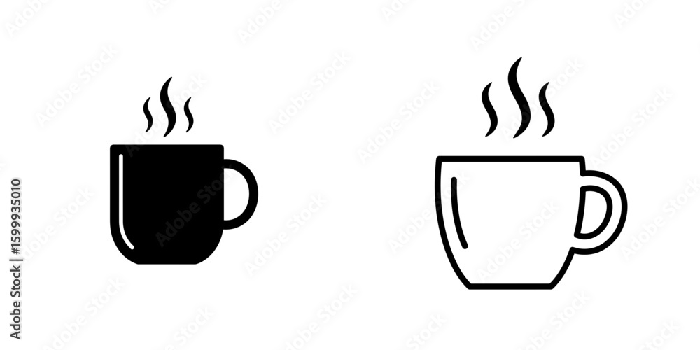 Obraz premium Black and white coffee cups with steam icons on white background 