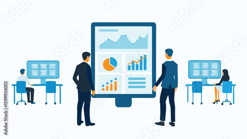 Two business people review data on a large screen with other workers at their desks in the background