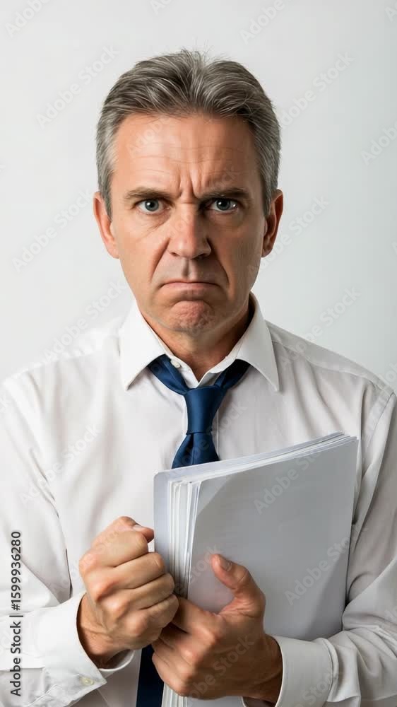 Frustrated middle-aged Caucasian businessman holding a stack of documents. Angry office worker with too much work and stress. Frustrated middle-aged Caucasian businessman holding a stack of documents. Angry office worker with too much work and stress.