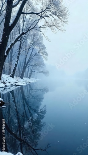 Frozen lake reflecting a stark winter sky, icy branches reaching towards the heavens, a desolate yet beautiful scene Perfect for winter, nature, and cold weather themes , lake, reflection, outdoors
