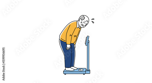 Elderly person standing on a scale looking concerned about their weight and health during a routine checkup
