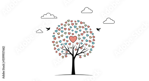 A loving tree of life with heart shaped leaves symbolizing growth and connection