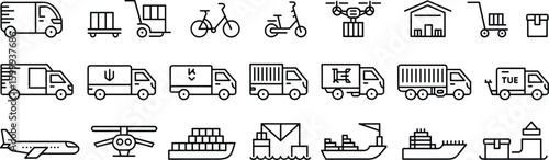 Delivery and logistics icon set, shipping transport vehicles, cargo and supply chain vector, editable stroke, global freight icons