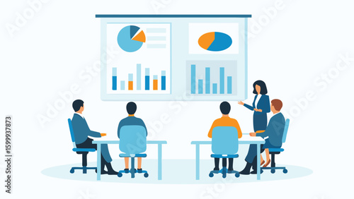 Illustration of a business presentation with charts and graphs being presented to a group of attendees