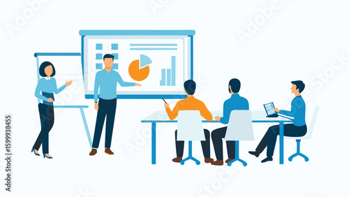 Presentation with two presenters and three audience members in a conference room setting shown in vector art