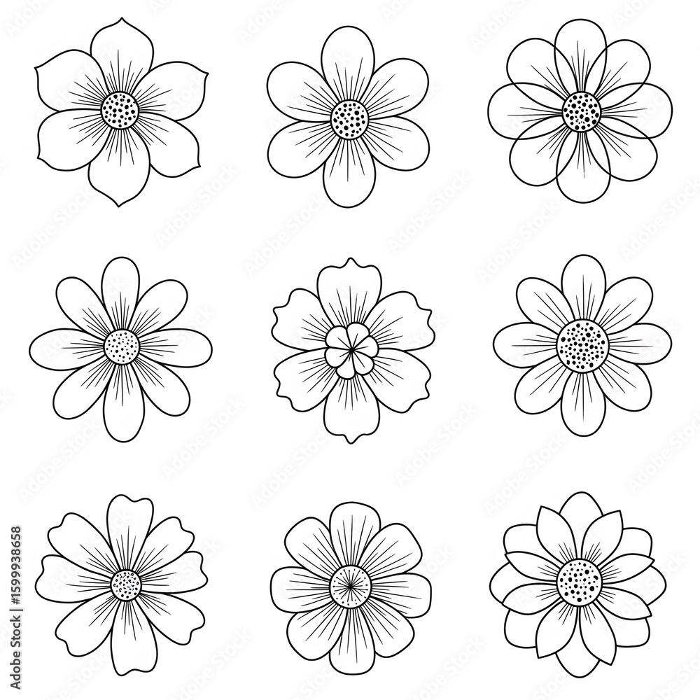 Obraz premium A Beautiful Arrangement of Hand-Drawn Floral Patterns Showcasing Nine Unique Flowers in Black and White