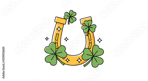 Golden horseshoe adorned with vibrant four leaf clovers bringing good fortune and luck to the wearer and their surroundings