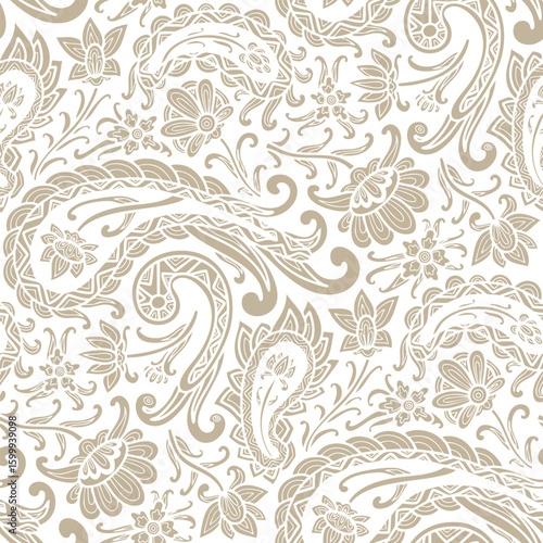 Paisley floral pattern, abstraction, swirl flowers, white and beige colors. Seamless floral pattern-800.