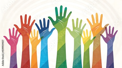 Colorful raised hands showing unity and diversity isolated on white background