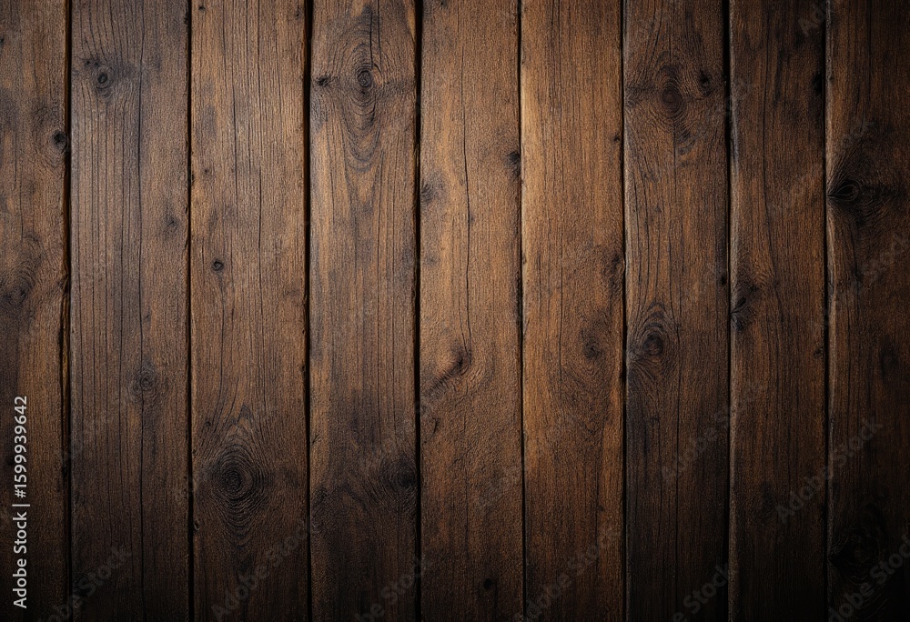 Naklejka premium Dark brown wood planks arranged vertically, showing grain and texture with subtle shadows creating depth