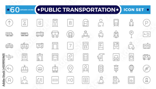 Public transportation outline Icons set. Contain icons related to vehicle, cars, truck, ship, boat, train, subway, motorcycle, motor scooter, and more. Editable stroke outline icon. 
