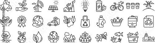 Set of eco-friendly and sustainability line icons including recycling, green energy, electric vehicles, organic food, and environmental protection concepts.
