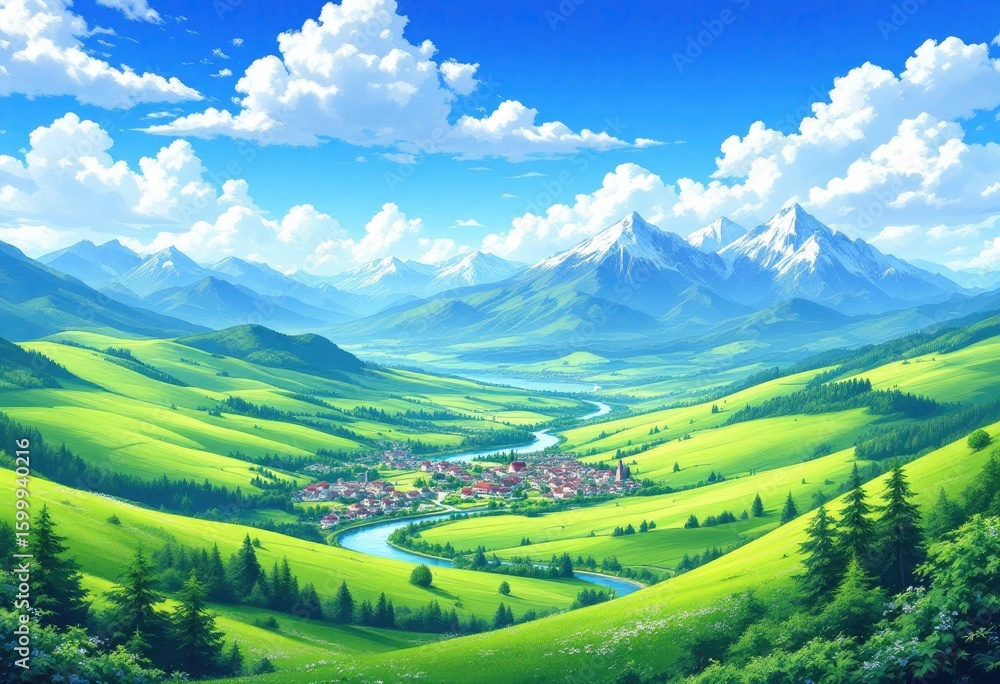 Obraz premium A picturesque valley town nestled amongst rolling green hills and a majestic snow-capped mountain range under a vibrant blue sky with fluffy white clouds. A river meanders through the landscape