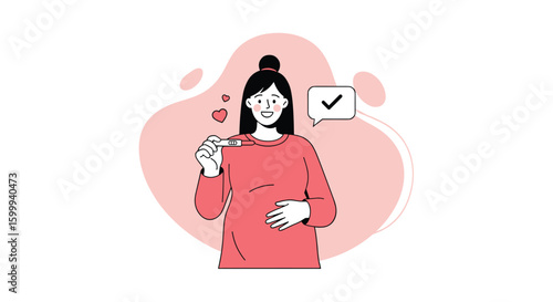 Happy woman holding pregnancy test positive result with check mark and hearts illustrating joyful expectation of motherhood and new life