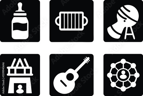 Baby bottle maraca accordion guitar tower people network set of