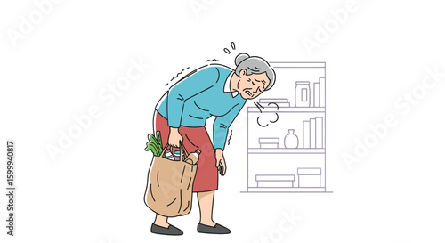 Elderly person struggling to carry heavy grocery bag showing signs of strain and fatigue