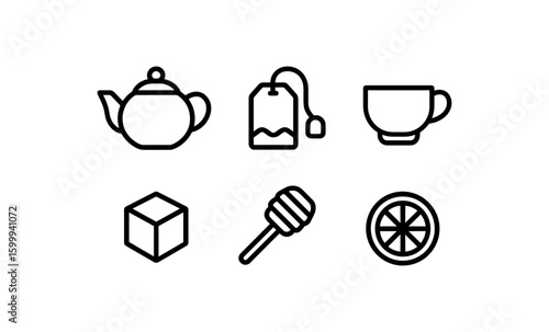 Tea set icons collection: teapot, cup, and accessories in simple line art