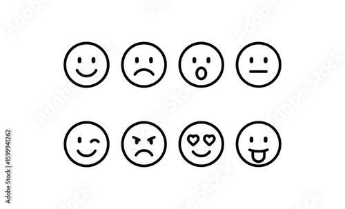 Simple line art emoji faces: happy, sad, surprised, neutral and more