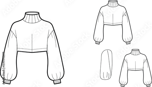 CAD drawing flat vector illustration of cropped sweater, puff sleeves, ribbed neckline, stylish garment layout, fashion sketch, front back views