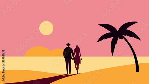 Couple Walking Beach at Sunset Glow