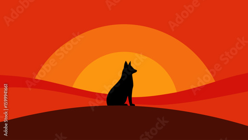 Dog Watching Sunset on Hilltop