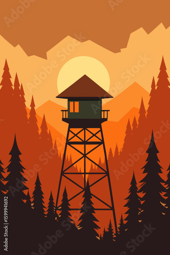 Firewatch Tower Forest Sunset Scene
