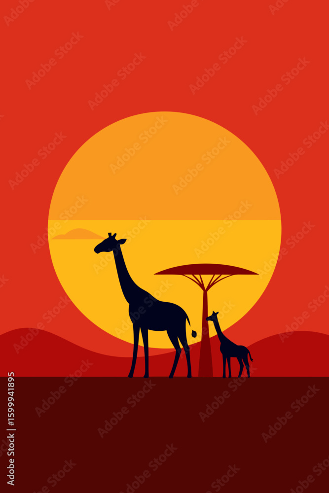 Fototapeta premium Savannah Giraffes Under Yellow Orange Sun