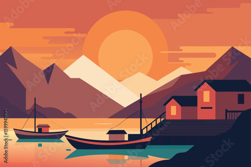 Docked Boats at Quiet Golden Hour Village