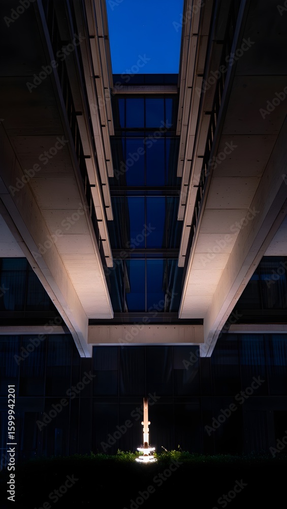 Obraz premium Modern Architecture at Night: Illuminated Sculpture Between Concrete Buildings, Serene Blue Hour Mood.