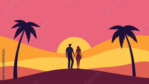Couple Walking Beach at Sunset Glow