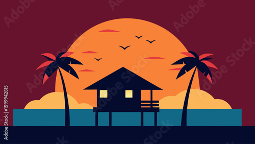 Overwater Bungalow Sunset with Glowing Sea
