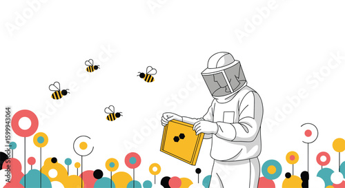 A beekeeper in protective gear tends to a hive amidst a whimsical garden filled with colorful flowers and buzzing bees a delightful scene of nature and human interaction