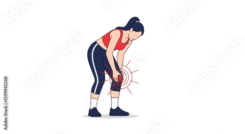 Pixelated character experiencing discomfort and pain in their left knee during a workout session