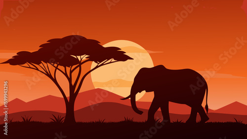 Elephant Walking on Savanna at Sunset