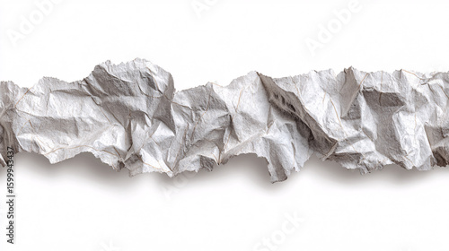 Crumpled paper tape texture with jagged edges and soft light gray color, floating on transparent background for collage use 